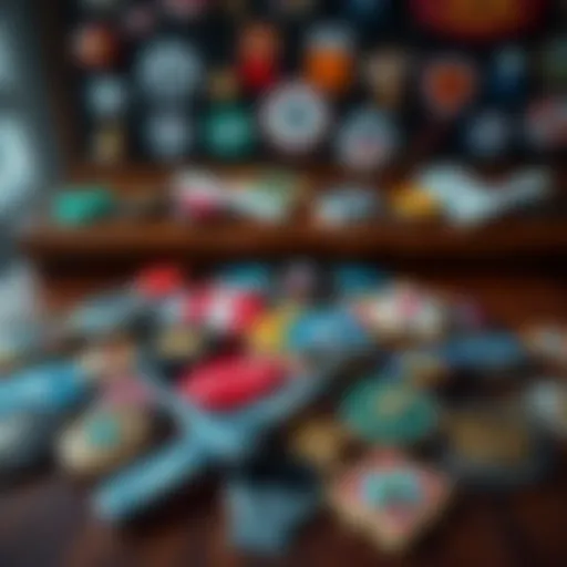 A collection of various badges displayed on a wooden table, showcasing different themes and colors, inviting people to explore badge-earning opportunities.