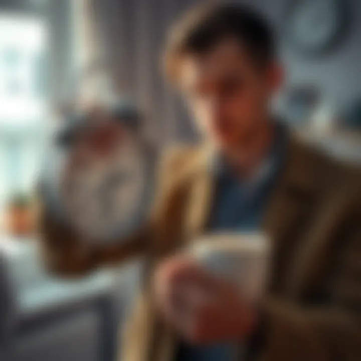 A person balancing late nights and early mornings while holding a cup of coffee and looking at a clock