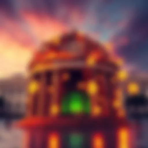 A visual representation of banks and cryptocurrency coming together, showing a bank building merging with digital currency symbols like Bitcoin and Ethereum.