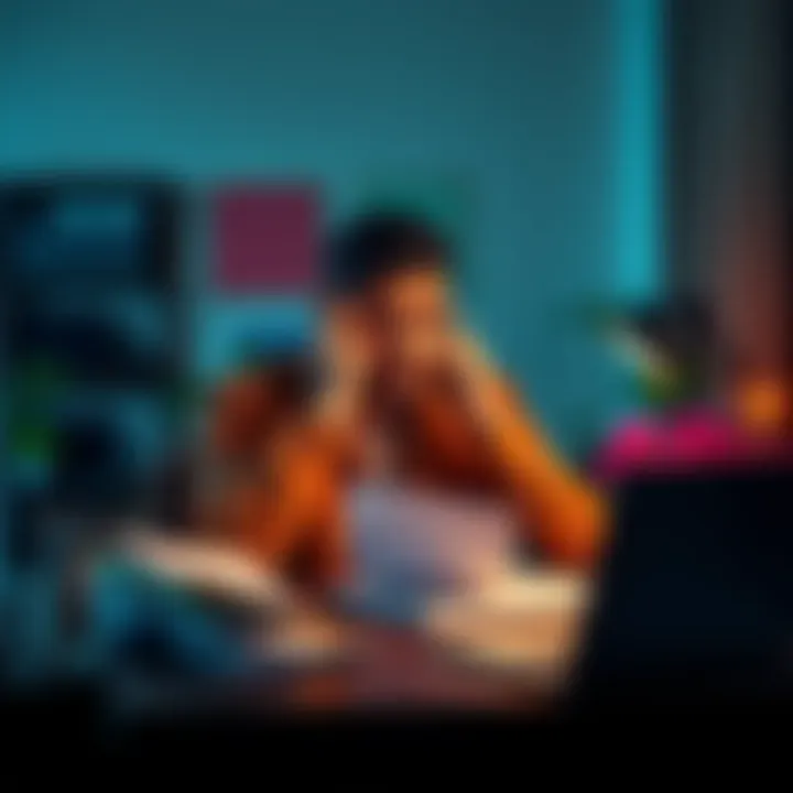 Person stressed about bank transfer issues A worried person sitting at a desk with bank documents and a laptop, contemplating account restrictions after a large transfer.