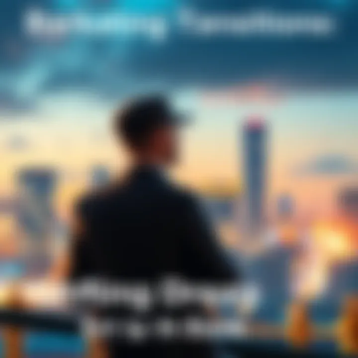 A businessman contemplating the shift in banking trends with a city skyline in the background