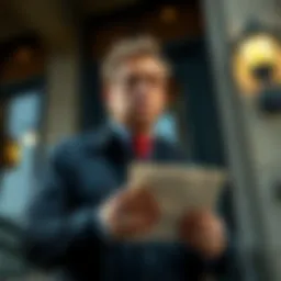 Sam Bankman-Fried standing outside a building, holding a letter addressed to Trump, looking concerned