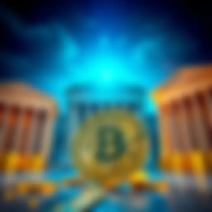 A group of bank buildings with a Bitcoin symbol in the foreground, representing the adoption of cryptocurrency by major U.S. banks.