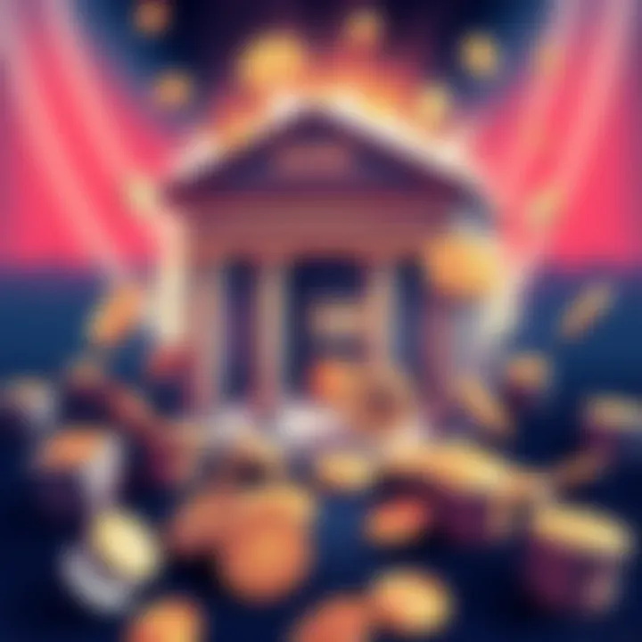 An illustration depicting a bank struggling to adapt to the rise of cryptocurrency, featuring digital coins overwhelmed by traditional bank structures.