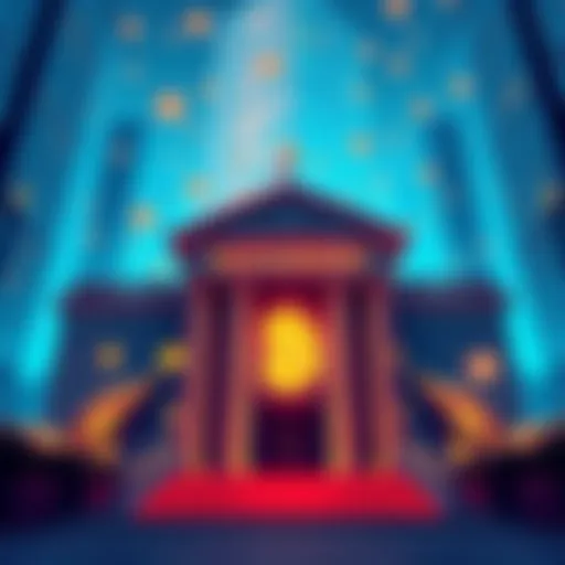 A visual representation of banks merging with cryptocurrency, showing bank buildings and digital currency symbols together.