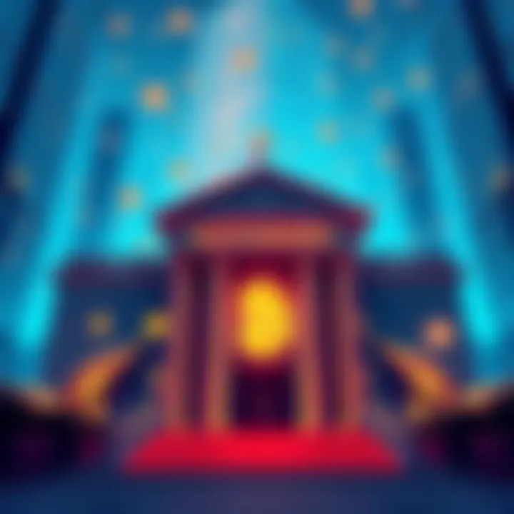 A visual representation of banks merging with cryptocurrency, showing bank buildings and digital currency symbols together.