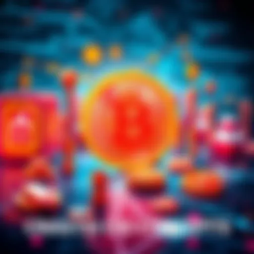 An illustration showing symbols representing blockchain, tokens, and decentralized finance concepts on a digital background.