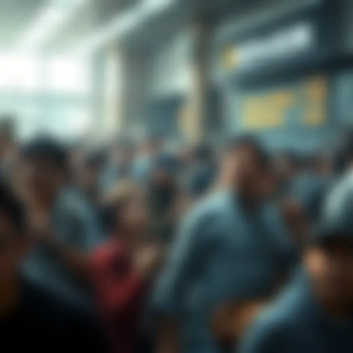 A crowded bank with anxious people withdrawing cash amid a financial crisis involving BCH and XMR currencies.