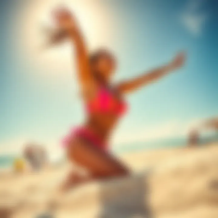 A fit individual enjoying a beach workout in a vibrant bikini under the sun