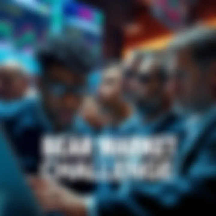 A group of investors analyzing market trends during a bear market, showing determination and focus on their faces.