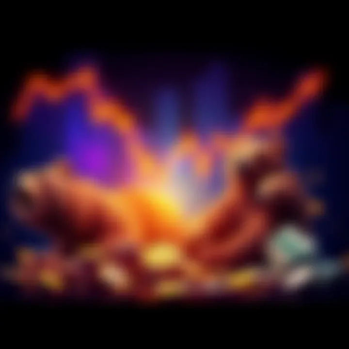 A graph showing a downward trend, with symbols of wealth like coins and bills amidst bears representing market downturns, reflecting contrasting views on wealth during these times.