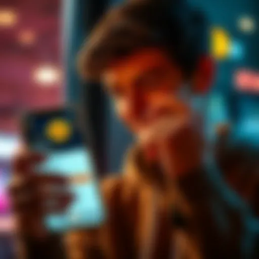 A person looks at a smartphone showing a Bitcoin exchange app, smiling and appearing excited about buying cryptocurrency for the first time.