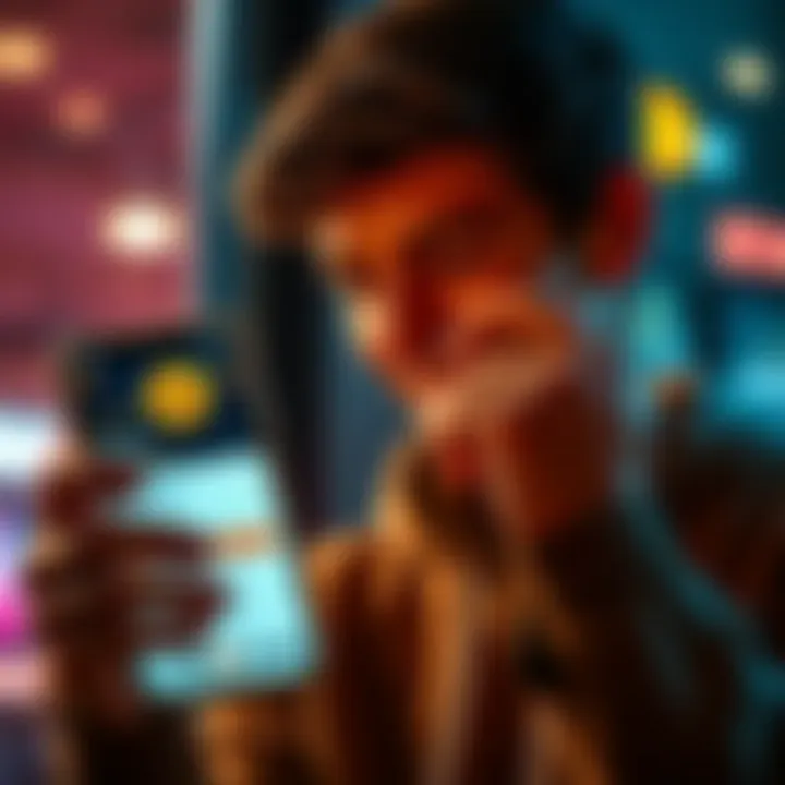 A person looks at a smartphone showing a Bitcoin exchange app, smiling and appearing excited about buying cryptocurrency for the first time.