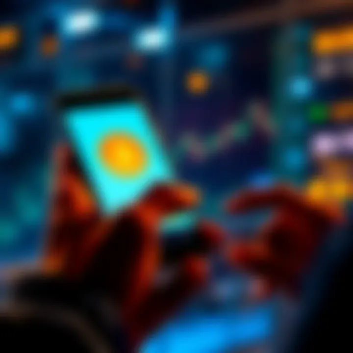 A person using a smartphone to purchase Bitcoin on a simple exchange app with a Bitcoin logo in view.