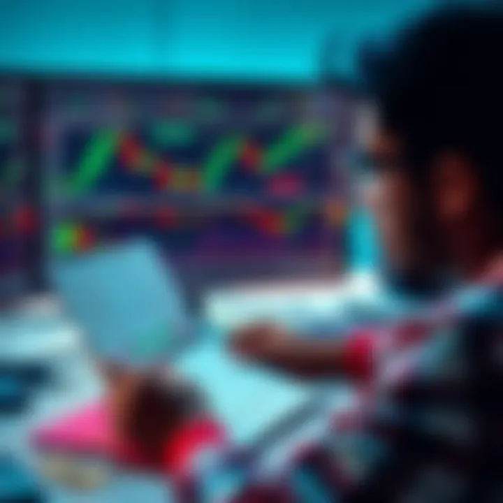 A person looking at a computer screen with cryptocurrency graphs, feeling unsure about trading. They have a notepad with tips on crypto trading and a small amount of money represented by coins nearby.