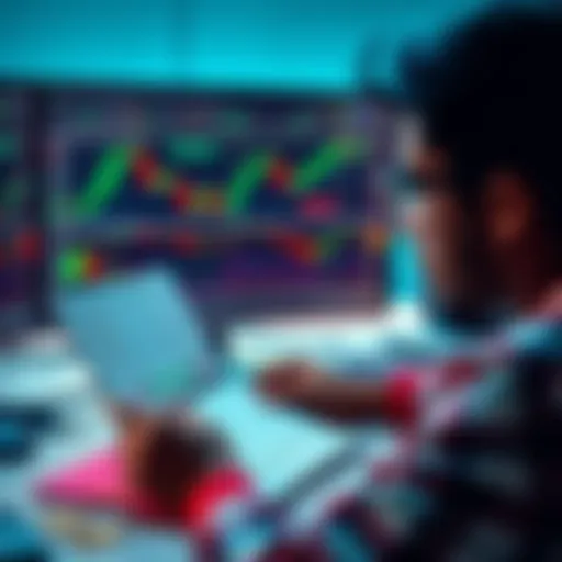Beginner in Crypto Trading A person looking at a computer screen with cryptocurrency graphs, feeling unsure about trading. They have a notepad with tips on crypto trading and a small amount of money represented by coins nearby.