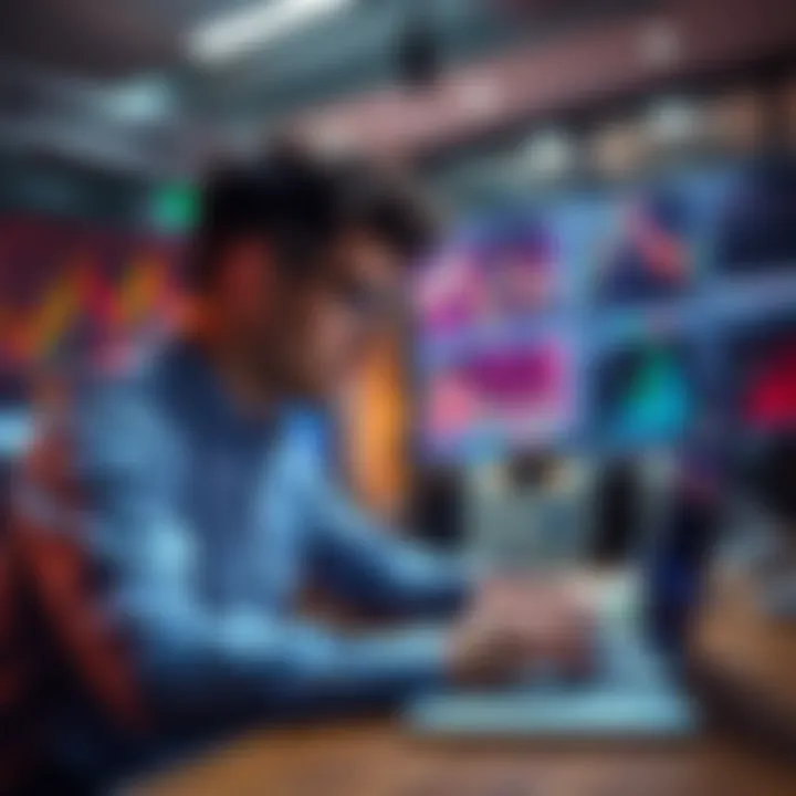 Beginner Trader Analyzing Market Data A beginner trader reviewing charts and market data on a laptop in a bright workspace