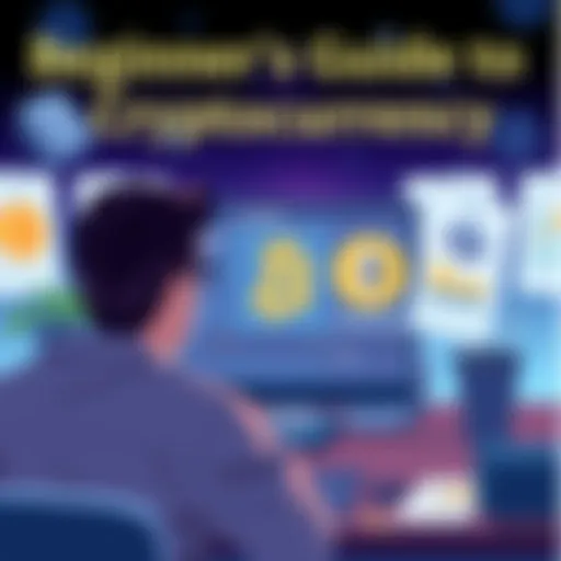 An illustration showing a person looking at a computer screen with Bitcoin and Ethereum logos, surrounded by educational materials about cryptocurrency safety and wallets.