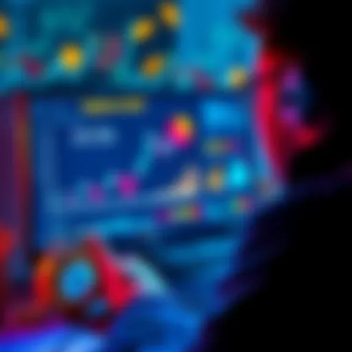 A person looking at a computer screen with DeFi charts and wallet security tips, surrounded by symbols of finance like coins and graphs.
