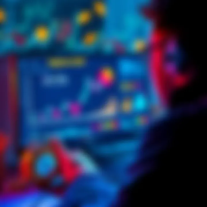 A person looking at a computer screen with DeFi charts and wallet security tips, surrounded by symbols of finance like coins and graphs.