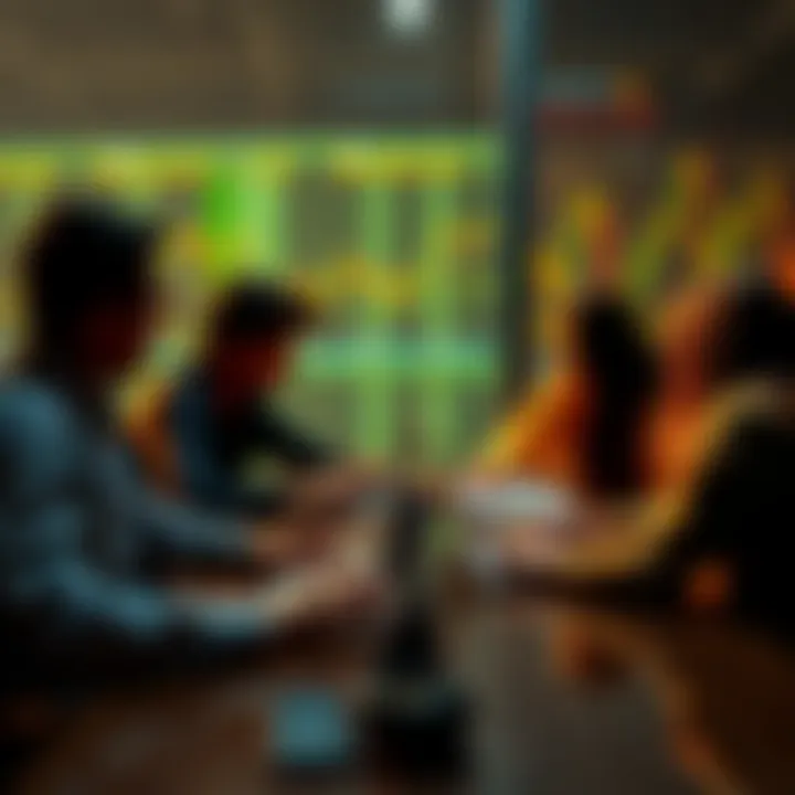 A group of beginners discussing cryptocurrency trading strategies at a table, with laptops and charts in front of them.