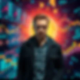 Ben McKenzie stands in front of a digital backdrop representing the cryptocurrency world, showcasing themes of deception and manipulation.