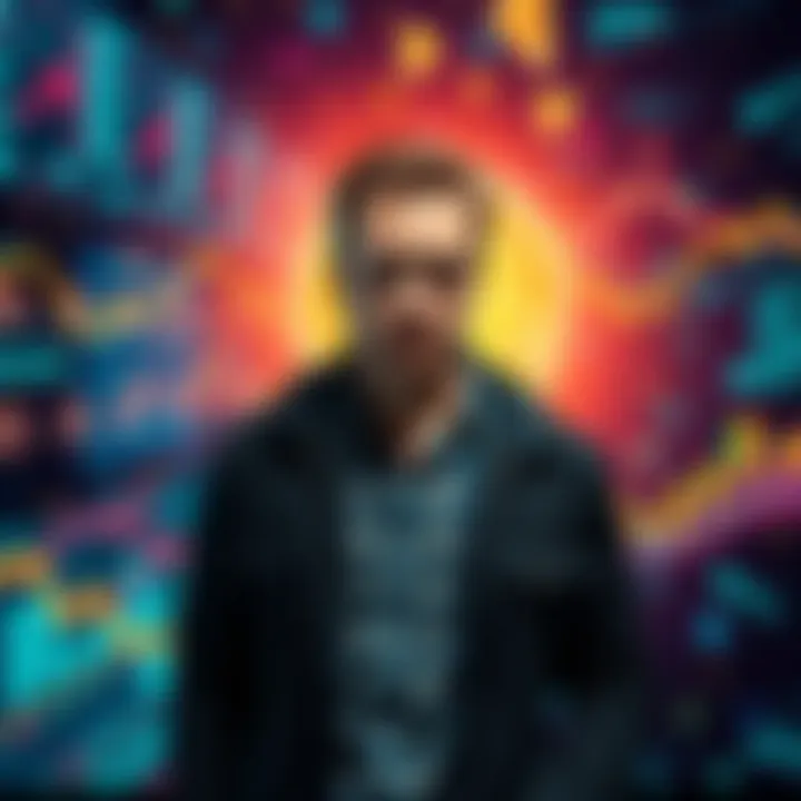 Ben McKenzie stands in front of a digital backdrop representing the cryptocurrency world, showcasing themes of deception and manipulation.