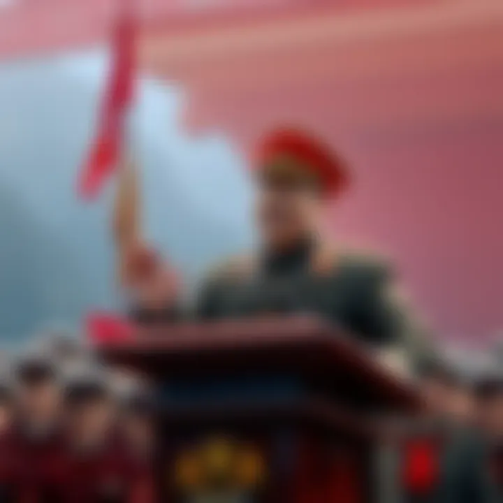 Benevolent Dictator Giving a Speech A benevolent dictator stands at a podium, addressing a crowd with confidence, symbolizing strong and efficient leadership.
