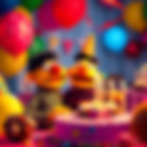Bert and Ernie enjoy a colorful birthday party with balloons and cake