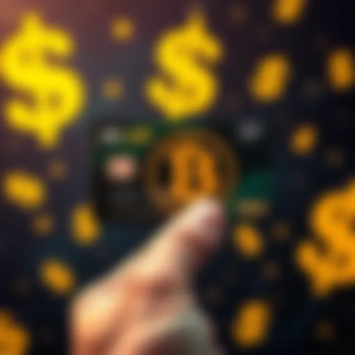 A hand holding a crypto card with cashback symbols and dollar signs in the background