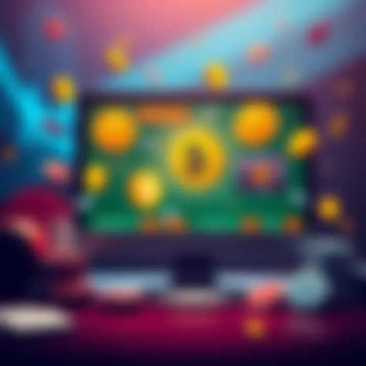 A digital illustration showing various Bitcoin gambling sites on a computer screen, with casino elements like dice and poker chips around.