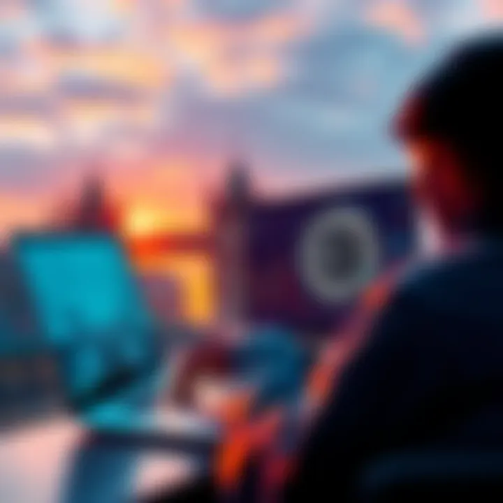 A person exploring decentralized finance platforms on a laptop, with stablecoin graphics on the screen, and European landmarks in the background.