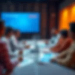 A group of people discussing cryptocurrency tax reforms at a meeting with charts and graphs on the table