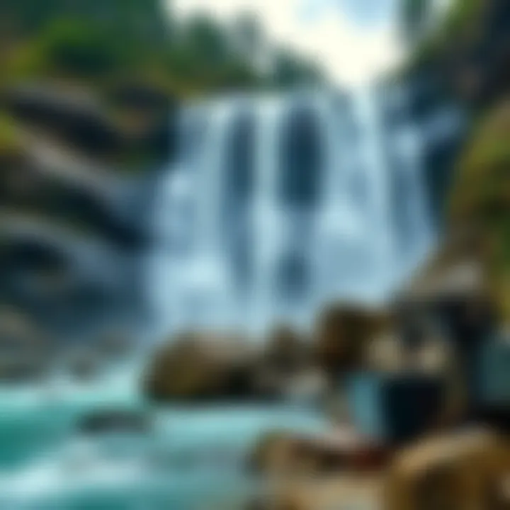 Waterfall Bitcoin Mining in Bhutan A picturesque waterfall in Bhutan harnessed for Bitcoin mining, showcasing flowing water and mining equipment nearby.