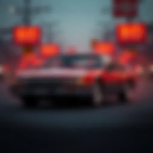 A 90s Avalon car with suspicious bid signs in the background, raising concerns among potential buyers about authenticity.