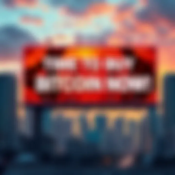 A large, colorful billboard displaying a bold message to buy Bitcoin, with a city skyline in the background