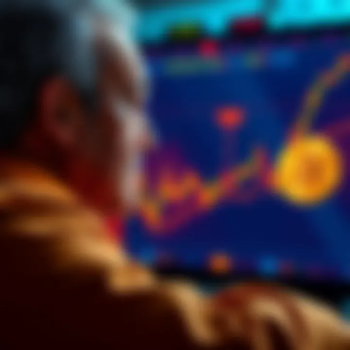 A billionaire looking thoughtfully at a Bitcoin chart on a screen, surrounded by financial graphs and data, representing investment decisions.