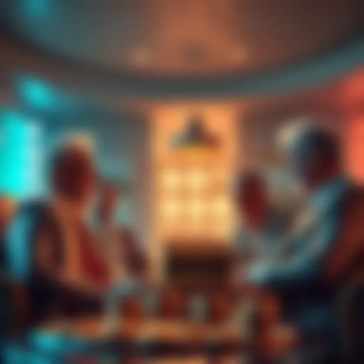 A group of wealthy individuals discussing cryptocurrency investments in a luxurious setting, representing the divide between the elite and average people.