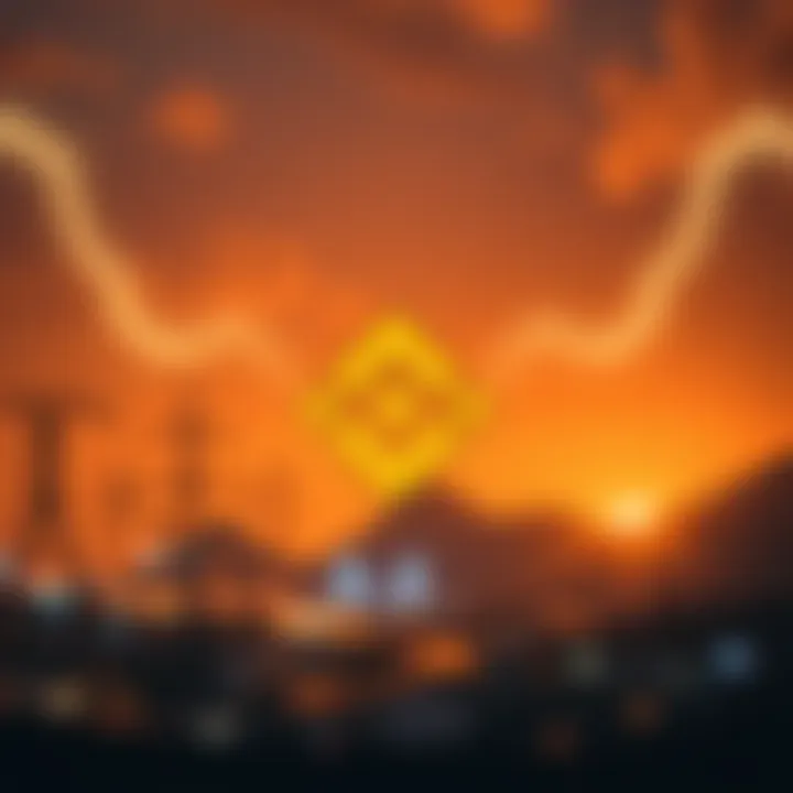 Binance logo with a backdrop of a nation facing electrical and internet issues, symbolizing crypto relief efforts.
