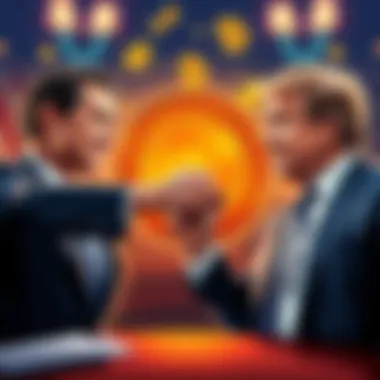 Bipartisan Support for Crypto Bill Two politicians shaking hands with a backdrop of crypto symbols and legislation papers, symbolizing bipartisan support for the Clarity Act.
