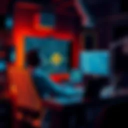 A person sitting at a desk with a computer and mining equipment, looking at cryptocurrency data on the screen, representing bitcoin mining for passive income.