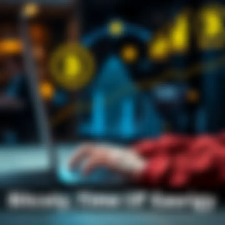 A person using a laptop to make a Bitcoin transaction while saving time and money, with energy-efficient icons in the background