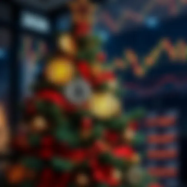 A decorated Christmas tree with Bitcoin symbols and financial charts in the background, representing price predictions for Bitcoin by Christmas 2026.