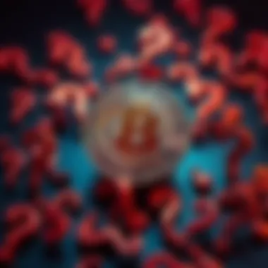 Bitcoin Coin with Question Marks A Bitcoin coin surrounded by various question marks representing doubts about its value and demand.