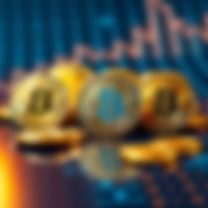 A collection of shiny Bitcoin coins placed on a glowing digital grid background, representing cryptocurrency.