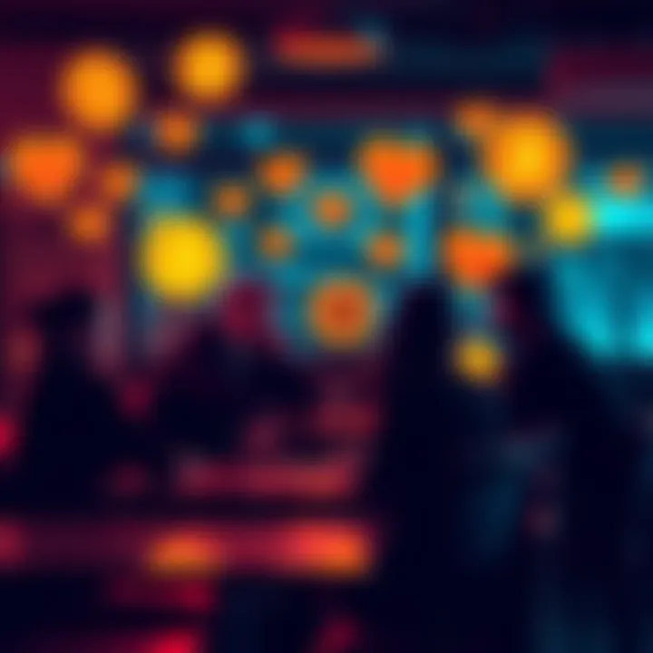 A group of people talking about Bitcoin at a cafe, with hearts and cryptocurrency symbols around them, indicating social connections and love in the crypto space.