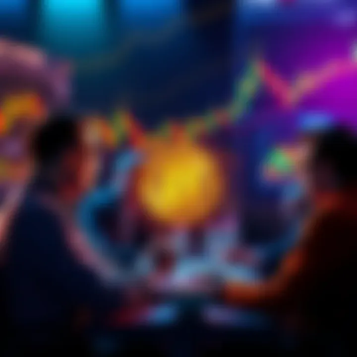 A group of people discussing Bitcoin investment strategies with charts and graphs showing price trends in the background