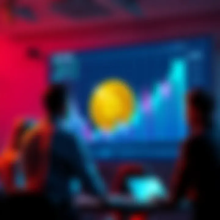 A graphic showing people engaging in a conversation about Bitcoin with charts and graphs in the background.