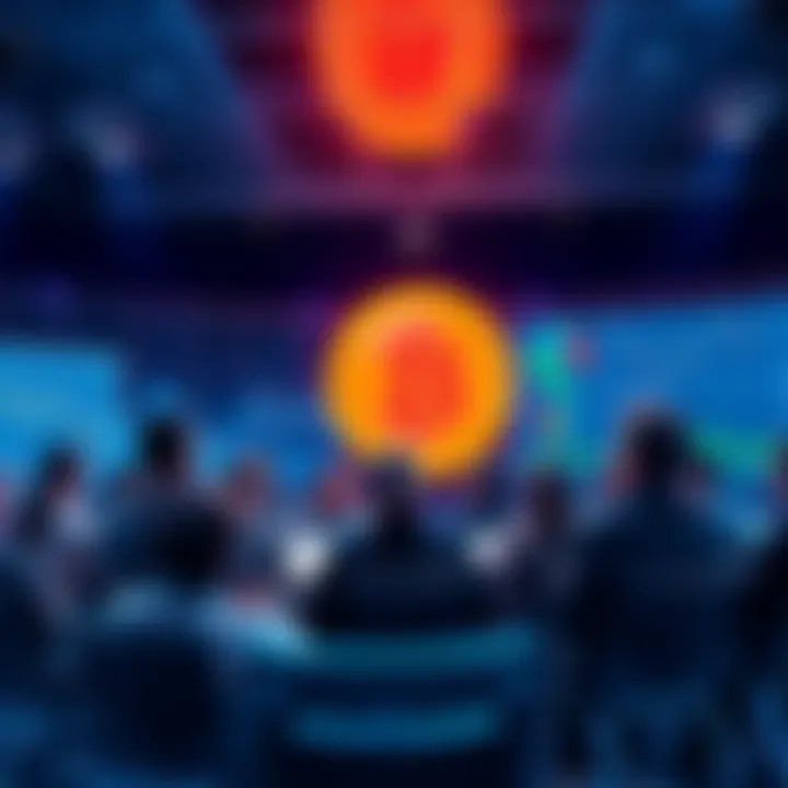 A group of people engaging in a discussion about Bitcoin in a forum setting, with charts and graphs in the background.