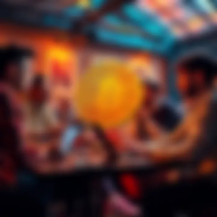 Bitcoin Discussion Thread A group of people discussing Bitcoin in a casual setting, with laptops and phones, sharing ideas and insights.